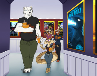 blonde_hair blue_eyes female fur hair larger_male male movie_poster movie_theater orange_body orange_fur purple_eyes size_difference smaller_female tail tan_body tan_fur text white_body white_fur feretta alorix_(alorix) alyen_mewhitich feretta_(character) ailurid bear kaiju mammal pit_viper polar_bear rattlesnake red_panda reptile scalie snake ursine viper english_text hi_res