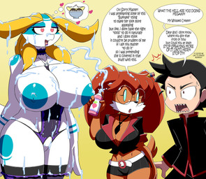anthro areola banana_split big_breasts blue_eyes bodily_fluids bottomwear breasts clothing cross-popping_vein crotchless_clothing crotchless_panties crotchless_underwear drooling female frosting group heart_eyes heart_symbol hearts_around_head hotpants huge_breasts larger_female legwear lingerie lips male necktie nipples office_clothing panties pants red_eyes saliva sharp_teeth shocked shorts size_difference speech_bubble spray_can spraying stockings sweat tail teeth text thick_lips thick_thighs thought_bubble trio underwear white_body wide_hips gblastman mythology aijou canid canine dragon fox human jou mammal mythological_creature mythological_scalie scalie 2018 character_request colored english_text unavailable_at_source