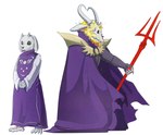 alternate_species anterior_nasal_aperture anthro beard blonde_hair bone crown duo facial_hair female hair headgear horn long_ears male mature_anthro mature_female mature_male melee_weapon polearm simple_background skeleton skull trident weapon white_background jazzycat undertale undertale_(series) asgore_dreemurr toriel animated_skeleton boss_monster_(undertale) bovid caprine mammal undead