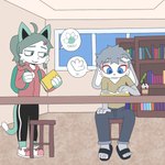 accessory anthro bag beverage blue_eyes book bubble_tea clothing duo furniture green_eyes green_hair grey_hair hair hair_accessory library male paws sitting stool studying tail text topwear 4bfox domestic_cat felid feline felis lagomorph leporid mammal rabbit 1:1 english_text hi_res