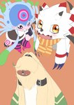 anthro blush female flying fur group hair hair_over_eyes horn long_ears male scarf shawl tentacles trio white_body wings yellow_body yellow_eyes yellow_fur hase_popopo bandai_namco digimon digimon_ghost_game angoramon ceratopsian cnidarian digimon_(species) dinosaur gammamon jellyfish jellymon lagomorph leporid mammal marine medusozoan ornithischian prehistoric_species rabbit reptile scalie triceratops absurd_res hi_res