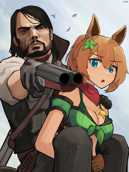 beard black_beard black_facial_hair black_hair blue_eyes breasts brown_eyes carrying_another clothed clothing double_barrel_shotgun duo facial_hair female gloves gun hair handwear holding_gun holding_object holding_ranged_weapon holding_weapon horse_ears looking_at_viewer male open_mouth orange_hair ranged_weapon short_hair shotgun weapon gamryous cygames red_dead_(series) rockstar_games uma_musume_pretty_derby john_marston taiki_shuttle_(pretty_derby) animal_humanoid equid equid_humanoid equine equine_humanoid horse_humanoid human humanoid mammal mammal_humanoid 2025 3:4 absurd_res crossover hi_res