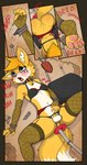anal anal_masturbation anthro breast_padding canid canine chastity_cage chastity_device clothed clothing comic crossdressing femboy fox fucking_machine genitals gold_(metal) gold_chastity_cage gold_chastity_device hi_res husdur machine male mammal masturbation miles_prower multi_tail sega solo sonic_the_hedgehog_(series) tail
