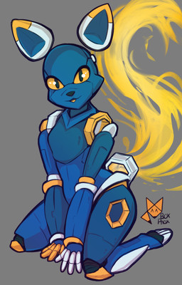anthro blue_body breasts featureless_breasts female grey_background kneeling looking_at_viewer machine mascot nude open_mouth simple_background small_breasts smile solo thick_thighs tongue wide_hips yellow_eyes boxphox e621 esix android domestic_cat felid feline felis mammal robot robot_anthro signature
