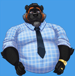accessory anthro arm_hair beard black_body black_fur black_nose body_hair clock clothing cyan_background digit_ring eyebrows eyewear facial_hair fur glasses hair hand_on_hip jewelry looking_down male mature_anthro mature_male mouth_closed musclegut muscular muscular_anthro muscular_male necktie orange_body orange_fur pattern_clothing pattern_shirt pattern_topwear raised_eyebrows red_eyes ring rolled_up_sleeves shirt sideburns simple_background smile solo striped_clothing striped_shirt striped_topwear stripes topwear watch wedding_ring polartoons robert_hayes gulonine mammal mustelid musteline wolverine 2017 half-length_portrait portrait