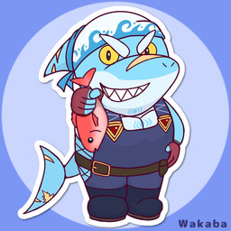 anthro chibi clothing grin kerchief male muscular muscular_anthro muscular_male overalls scar sharp_teeth smile solo teeth yellow_eyes banbanwakaba lifewonders live_a_hero isaribi aquatic fish red_snapper shark snapper_(fish) 1:1 hi_res