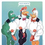 anthro big_muscles big_nipples big_pecs big_penis bow_tie bulge genitals group huge_nipples huge_pecs huge_penis male male/male muscular nipples pecs penis squish vein veiny_penis metrothefox terrytoons gandy_goose hoppity_hooper tennessee_tuxedo amphibian anatid anseriform avian bird duck frog penguin 1:1 absurd_res hi_res