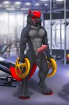 animal_genitalia animal_penis anthro balls canine_genitalia canine_penis erection fur genitals grey_body grey_fur gym hair knot looking_at_viewer male nude penis red_body red_fur sheath simple_background solo tail kinsheph fury_(furythewolf) furythewolf canid canine canis mammal wolf 2024 absurd_res digital_media_(artwork) hi_res