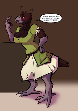 abstract_background after_transformation anthro barmaid beak black_body blush breasts bubble cleavage clothed clothing dress drunk drunk_bubble feathers female solo speech_bubble substance_intoxication text biobasher dungeons_and_dragons hasbro wizards_of_the_coast avian bird corvid corvus_(genus) crow kenku oscine passerine hi_res