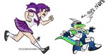 anthro armor asian_clothing blue_body blue_scales clothing duo east_asian_clothing green_body green_scales hair headgear helmet japanese_clothing japanese_school_uniform pigtails purple_eyes purple_hair running scales school_uniform serafuku simple_background uniform white_background discosmackdown gex_(series) gex_the_gecko sailor_toon_girl gecko human lizard mammal reptile scalie watermark