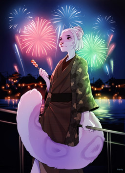 anthro clothed clothing femboy fireworks fur hair lake lights male markings night pink_body pink_fur railing red_eyes sky skyline smile solo spots spotted_body spotted_fur standing star starry_sky water white_body white_fur white_hair frenky_hw askai felid mammal pantherine snow_leopard digital_media_(artwork) hi_res shaded