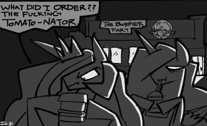 burger dialogue duo female feral food horn humor profanity restaurant text wings hasbro my_little_pony mythology equid equine horse mammal mythological_creature mythological_equine winged_unicorn comic english_text meme monochrome