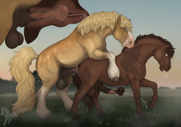 anal anal_penetration animal_genitalia animal_penis balls big_balls big_penis bite blonde_hair bodily_fluids brown_body brown_fur cum cum_in_ass cum_inside cum_while_penetrated duo equine_genitalia equine_penis feathering feral feral_on_feral feral_penetrated feral_penetrating feral_penetrating_feral fetlocks flared_penis fog fur genital_fluids genitals hair hooves male male/male meadow medial_ring penetration penile penile_penetration penis penis_in_ass scruff_bite sex tail tan_body tan_fur unguligrade fenn.perrox caro_(fenn.perrox) draft_horse equid equine horse mammal hi_res