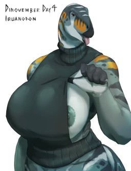 anthro areola big_breasts bottomless breasts brown_eyes clothed clothing female flashing front_view grey_areola grey_body grey_clothing grey_nipples grey_sweater grey_topwear huge_breasts looking_at_viewer markings nipples open_mouth side_boob simple_background solo sweater tongue tongue_out topwear white_background wide_hips yellow_markings hxveuseenmypen dinosaur iguanodon iguanodontian iguanodontid ornithischian ornithopod prehistoric_species reptile scalie absurd_res hi_res