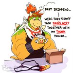 1:1 aged_up anthro bandanna bowser_jr. box bracelet clothing comic conditional_dnp container countershade_torso countershading cup english_text facial_hair father's_day goatee green_body green_scales hair hi_res holding_object holidays horn jewelry kerchief koopa male mario_bros mug muscular muscular_anthro muscular_male neckerchief nintendo orange_body orange_scales poppin red_eyes red_hair scales scalie shell shirt simple_background snaggle_tooth spiked_shell spikes spikes_(anatomy) tank_top text thong thought_bubble topwear torn_clothing underwear white_background
