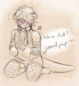 anthro balls bdsm blush chastity_cage chastity_device clothing collar fishnet_clothing fishnet_legwear fishnet_thigh_highs fishnet_topwear genitals kneeling leash legwear male offscreen_character pet_praise petplay praise roleplay solo thigh_highs topwear rudoesart damien_(rudoesart) mammal mustelid otter