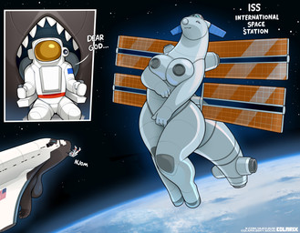 anthro breasts cockpit female group male solar_panel tail text trio vore colarix international_space_station journy_(colarix) living_spacecraft absurd_res english_text hi_res