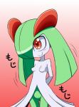 barely_visible_genitalia barely_visible_pussy blush breasts featureless_breasts female generation_3_pokemon genitals green_hair hair hair_over_eye humanoid kirlia nei_chi nintendo not_furry one_eye_obstructed pokemon pokemon_(species) pussy red_background red_eyes simple_background small_breasts smile solo standing text uncensored