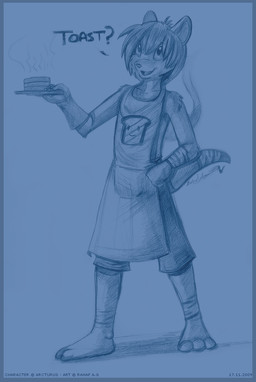 ambiguous_gender anthro blue_background bread food hair markings simple_background smile solo stripes tail toast stereoplair tefal mammal mustelid otter sketch