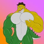 anthro big_muscles big_pecs candy clothing dessert featureless_crotch food green_body gummy_(food) hat hat_only headgear headgear_only headwear headwear_only huge_muscles looking_at_viewer male mostly_nude multicolored_body muscular muscular_male pecs simple_background solo tail white_body yellow_body nastybluepal glitch_productions the_amazing_digital_circus gummigoo_(tadc) crocodilian food_creature gummy_creature living_candy mammal reptile scalie absurd_res digital_media_(artwork) hi_res