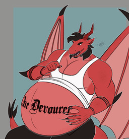 anthro belly big_belly black_hair clothing hair horn male male_pred navel outie_navel pecs red_body rumbling_stomach same_size_vore shirt struggling struggling_prey tank_top tattoo topwear vore wings g3xa mythology dragon mythological_creature mythological_scalie scalie 2d_animation animated animated_gif motion_tweening short_playtime
