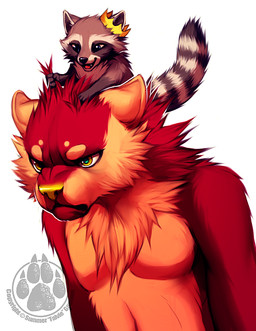 ambiguous_gender anthro crown duo fur green_eyes grumpy headgear red_body red_fur simple_background tail white_background yellow_nose falvie alexotter mammal mustelid otter procyonid raccoon 2012 digital_media_(artwork) digital_painting_(artwork) painting_(artwork)