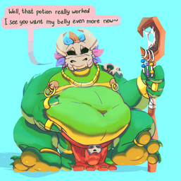anthro belly belly_grab bone bone_mask bottomwear clothing loincloth looking_at_viewer male mask nipple_piercing nipples overweight overweight_male paws piercing raised_paw ring sitting skull skull_accessory skull_mask solo speech_bubble staff text awu~ terraria witch_doctor_(terraria) lizard reptile scalie 2026 english_text hi_res