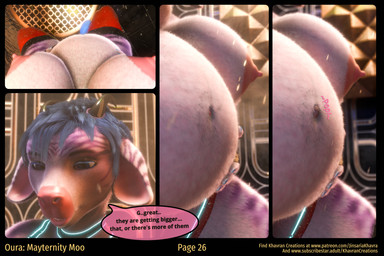 anthro bathing belly belly_expansion big_belly big_breasts blue_hair breasts clothing dialogue expansion female female_pov first_person_view hair huge_belly hyper hyper_belly hyper_pregnancy latex latex_clothing navel navel_popping outie_navel pregnant pregnant_anthro pregnant_female pregnant_pov rapid_pregnancy science_fiction shower showering text toy jinsariakhavra khavrancreations oura bovid bovine cattle mammal 2025 3d_(artwork) comic digital_media_(artwork) english_text hi_res url