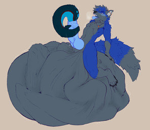 anthro balls blush breath cock_vore curling_tail ear_piercing fluffy fluffy_tail genitals imprint jewelry knot male male_pred necklace panting penile penis piercing ring size_difference smaller_pred soft_vore tail vore the-narutoshi haloren monty_(blancmont) canid canine felkin fox mammal absurd_res hi_res