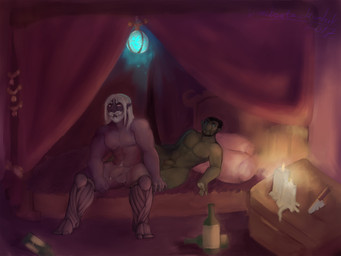 alcohol balls bed bedroom beverage black_hair blue_eyes bodily_fluids body_hair candle duo flaccid foreskin furniture genital_fluids genitals hair humanoid_genitalia humanoid_penis inside knife lamp lying male male/male muscular nipples not_furry nude on_bed painting_(object) penis pillow pink_eyes precum prosthetic prosthetic_leg prosthetic_limb pubes sitting tusks white_hair wine limebeatz humanoid mammal orc 2017 4:3 digital_media_(artwork) hi_res