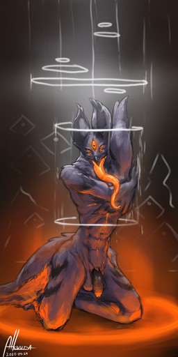 abstract_background anthro bodily_fluids containment demonic feathers flaccid genitals glowing glowing_eyes glowing_genitalia glowing_ring glowing_scar glowing_tongue kneeling long_tongue looking_at_viewer magic magic_circle magic_light male markings multi_eye muscular orange_light penis ritual saliva saliva_on_tongue scar small_waist smile smiling_at_viewer solo symbol tail tail_feathers tongue white_light alkuuda alkuuda_(character) alkuuda_(demonform) avian bird demon owl absurd_res hi_res