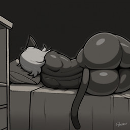 anthro bed bed_sheet bedding big_butt biped butt female furniture hair huge_butt lying nude on_side pillow rear_view solo thick_thighs freepancakes domestic_cat felid feline felis mammal 1:1 hi_res