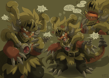 angry armor cape claws clenched_teeth clothing dialogue headgear helmet male open_mouth sharp_teeth simple_background solo speech_bubble stomping talking_to_self talking_to_viewer teeth text qrnrr bushiroad future_card_buddyfight mythology drum_bunker_dragon dragon mythological_creature mythological_scalie scalie sketch_page