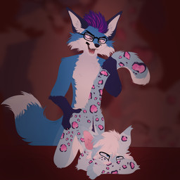 anthro blue_body blue_eyes blue_fur doggystyle duo eye_roll eyewear fluffy fox_tail from_behind_position fur glasses hair hand_on_butt lgbtq male male/male pointy_ears prick_ears purple_hair sex spots tail tail_pull wearing_glasses white_body white_fur white_hair fr34krave m1llipedez canid canine canis felid fox leopard mammal pantherine snow_leopard wolf absurd_res hi_res