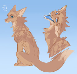 ambiguous_gender blue_background blue_eyes blue_tongue brown_body brown_fur cheek_tuft facial_tuft fangs feral fur leg_tuft looking_at_viewer narrowed_eyes neck_tuft open_mouth question_mark simple_background sitting solo speech_bubble tail tan_body tan_fur teeth tongue tuft unsigned corzh77 mythology dragon furred_dragon furred_scalie mythological_creature mythological_scalie scalie absurd_res hi_res