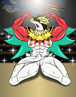 abs anthro black_head bodily_fluids bottomwear camera_flash clitoris clothing crowd feathers female genitals golden_claws golden_markings golden_nipples green_wings group kneeling loincloth muscular muscular_female navel orange_body orange_feathers pokemorph red_body ring solo solo_focus spread_legs spreading sweat thick_thighs vulva white_body white_eyes wings wrestler yellow_body yellow_feathers lindwormduality nintendo pokemon pokemon_legends_z-a generation_9_pokemon mega_evolution mega_hawlucha pokemon_(species) absurd_res hi_res