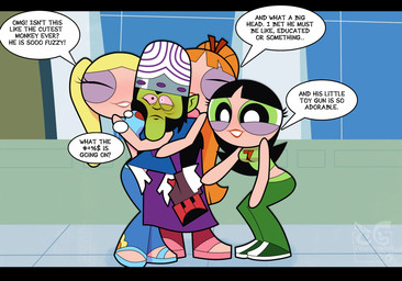 adolescent aged_up anthro black_body black_fur blonde_hair blue_eyes breast_squish breasts clothed clothing female fur green_body green_eyes green_skin group hair headgear male orange_hair smile squish text young young_female young_human toongrowner cartoon_network powerpuff_girls blossom_(powerpuff_girls) bubbles_(powerpuff_girls) buttercup_(powerpuff_girls) mojo_jojo ape haplorhine human humanoid mammal monkey primate digital_media_(artwork) hi_res