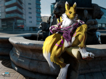 3_toes 3d_background blue_eyes breasts clothing dark_sclera digitigrade exhibitionism feet female fountain fur fur_markings looking_at_viewer markings nipples one-piece_swimsuit one_eye_closed pawpads paws pink_genitals pink_nipples smile smirk solo swimwear tearing_clothing tearing_own_clothing toes topwear torn_clothing torn_topwear urban_background white_body white_fur wink winking_at_viewer yellow_body yellow_fur drqube bandai_namco digimon canid digimon_(species) mammal renamon 3d_(artwork) 4:3 absurd_res digital_media_(artwork) hi_res mixed_media