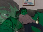 alcohol anthro beer beverage clothed clothed_anthro clothing feathers fully_clothed fully_clothed_anthro furniture green_body green_scales male purple_eyes sad scales sitting sofa solo purple-blep mythology nintendo redlettermedia star_fox krystal_(star_fox) mercrantos_(character) rich_evans dragon feathered_dragon feathered_scalie mythological_creature mythological_scalie scalie hi_res reaction_image