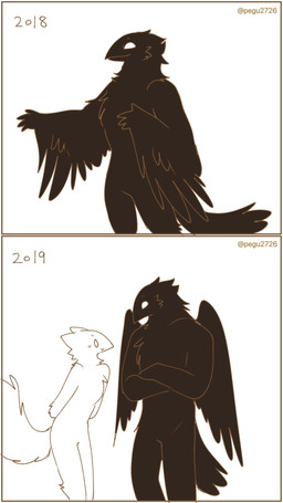 2_panel_comic anthro back_wings beak biped black_body black_feathers cheek_tuft chest_tuft closed_smile date duo empty_eyes facial_tuft feathers female female_anthro fur fur_tuft looking_at_another male male_anthro monotone_body monotone_feathers monotone_fur mouth_closed nude nude_anthro nude_female nude_male plantigrade pose side_view simple_background slim slim_anthro slim_female slim_male smile standing tail tail_feathers text tuft white_background white_body white_fur winged_arms wings pegu2726 karagarasu_(pegu2726) tarte_(pegu2726) avian bird corvid corvus_(genus) crow domestic_cat felid feline felis mammal oscine passerine 2025 9:16 artist_name comic digital_drawing_(artwork) digital_media_(artwork) flat_colors hi_res female_(lore) male_(lore)