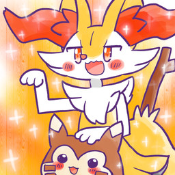 ambiguous_anthro ambiguous_feral ambiguous_gender anthro biped blush blush_stickers duo feral front_view object_in_tail open_:3 open_mouth open_smile paw_pose pose simple_background smile sparkles standing stick stick_in_tail tail annyui0611 nintendo pokemon braixen canid furret generation_2_pokemon generation_6_pokemon mammal pokemon_(species) 1:1 2024 digital_drawing_(artwork) digital_media_(artwork) half-length_portrait hi_res japanese_description portrait translated_description