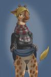 anthro biped bottomless bottomwear breasts clothed clothing clothing_lift ear_piercing female flashing genitals green_eyes grin horn jewelry no_underwear ossicone piercing pussy scarf simple_background skirt skirt_lift smile solo standing sweater topwear schitzofox gretchen_(ananimegiraffe) giraffe giraffid mammal 2014 2:3 hi_res