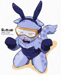 anthro bent_legs black_bow_tie blue_body blue_fur blush bodily_fluids bow_tie clothed clothing collar crossdressing crossdressing_male embarrassed eyewear fist fur gloves goggles handwear kneeling male playboy_bunny pose simple_background solo sweat tail white_background yellow_eyes keriage bemani konami pop'n_music ollie_(pop'n_music) felid mammal pantherine snow_leopard 2025 hi_res japanese_description
