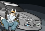 anthro car clothing male shirt simple_background skyline solo topwear vehicle white_clothing white_shirt white_topwear furry_jdm nissan nissan_skyline canid canine fox mammal hi_res