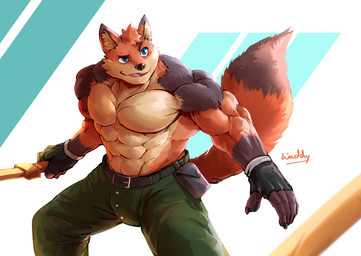 5_fingers abs anthro belt biceps bottomwear clothed clothing fingerless_gloves fingers fur gloves handwear male melee_weapon muscular muscular_anthro muscular_male pants pecs solo sword topless weapon waddledox canid canine fox mammal 2018 absurd_res digital_media_(artwork) hi_res