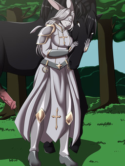 animal_genitalia animal_penis anthro anthro_on_feral armor bestiality blindfold duo equine_genitalia equine_penis female feral genitals headpat knight male male/female penis warrior yonooshi equid equine horse lagomorph leporid mammal rabbit 3:4 absurd_res hi_res