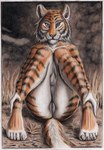 anthro black_body black_fur black_pussy ears_up female fur genitals looking_at_viewer orange_body orange_fur presenting presenting_pussy pussy sitting smile solo spread_legs spreading striped_body striped_fur stripes white_body white_fur syntech felid feline mammal pantherine tiger hi_res