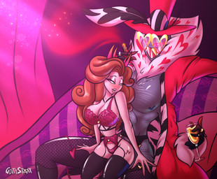 anthro breasts brown_hair cigarette clothed clothing detailed_background duo eyewear fangs female glasses green_eyes hair hat headgear headwear holding_object horn interspecies lapdance male male/female mature_male muscular muscular_male nipples open_mouth open_smile partially_clothed pink_eyes purple_body smile teeth white_hair gothstoat hazbin_hotel hellaverse fan_character valentino_(hazbin_hotel) arthropod demon humanoid insect lepidopteran moth succubus hi_res