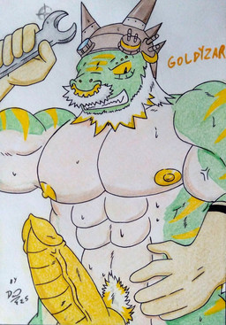 animal_genitalia animal_penis anthro areola armor barazoku beard biceps big_muscles big_pecs bodily_fluids body_hair clothing erection facial_hair facial_piercing gear genitals gloves green_body hair handwear headgear headgear_only helmet helmet_only holding_object holding_tool holding_wrench horn male manly markings mature_anthro mature_male mechanic multicolored_body muscular muscular_anthro muscular_arms muscular_male mustache nipples nose_piercing nose_ring nude pecs penis piercing pubes ring_piercing sharp_teeth simple_background solo stripes sweat sweatdrop sweaty_body sweaty_chest teeth text tools vein veiny_penis white_background white_facial_hair white_hair white_mustache wrench yellow_markings yellow_nipples yellow_penis yellow_sclera yellow_stripes dashthefox mythology goldyzar dragon mythological_creature mythological_scalie scalie 2025 absurd_res colored_pencil_(artwork) hi_res traditional_media_(artwork)