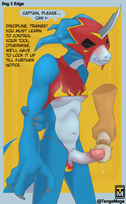 anthro armor blue_body blush bodily_fluids clenched_teeth clothing crop_top edging erection genital_fluids genitals glans hand_grip headgear helmet horn humanoid_genitalia humanoid_penis humor male navel nipples panties penile penis precum pun punishment_for_cumming resisting_orgasm sex_toy shirt simple_background solo sweater teeth text topwear turtleneck underwear vibrator vibrator_on_penis wand_vibrator tenge_mage bandai_namco digimon digimon_(species) flamedramon english_text hi_res